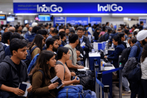 Crowded airport check-in area.
