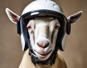 Goat wearing helmet