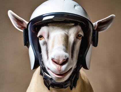 Goat wearing helmet