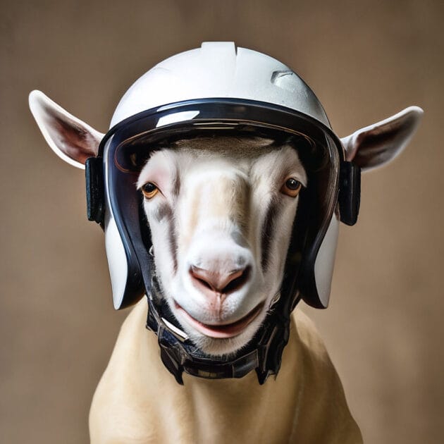 Goat wearing helmet