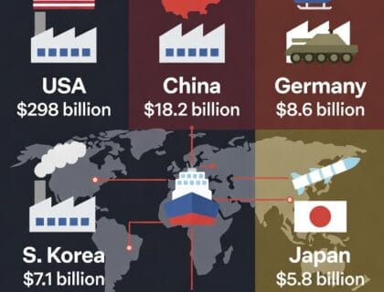 global arms sales in 2024, with a world map highlighting major arms-producing countries (USA, China, Russia, Germany, Japan, South Korea, India) connected by arrows to factories, fighter jets, tanks, cargo ships, and missiles, symbolizing the flow of weapons and record $679 billion revenue amid rising geopolitical tensions.