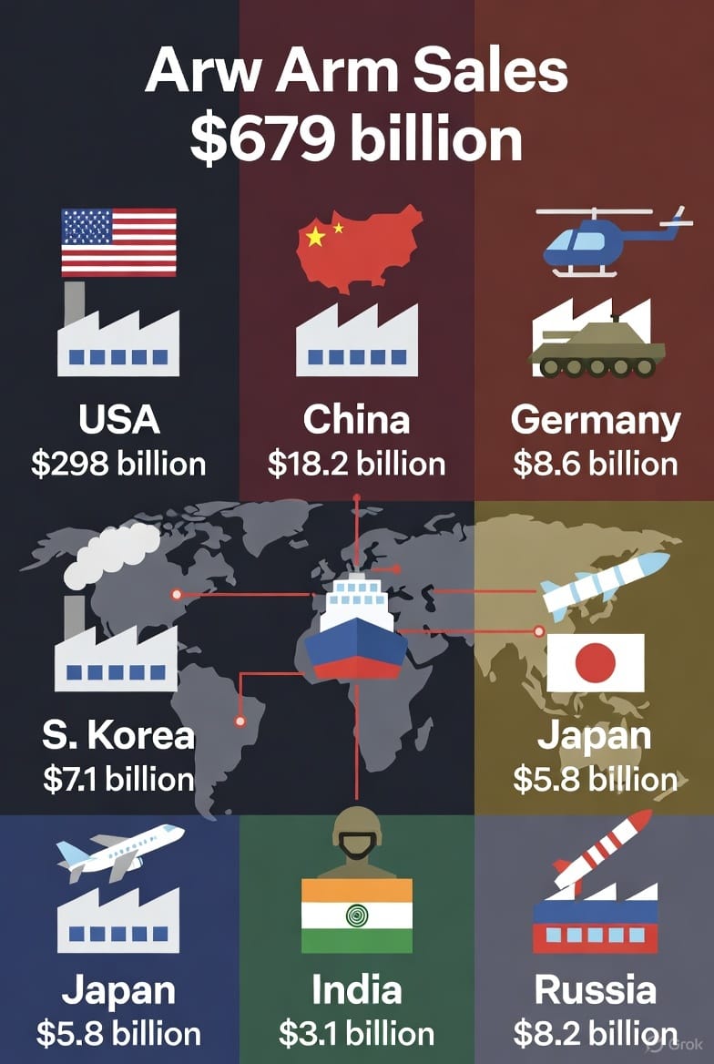 global arms sales in 2024, with a world map highlighting major arms-producing countries (USA, China, Russia, Germany, Japan, South Korea, India) connected by arrows to factories, fighter jets, tanks, cargo ships, and missiles, symbolizing the flow of weapons and record $679 billion revenue amid rising geopolitical tensions.